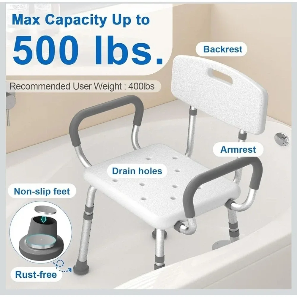 Shower/Bath Chair‎ Adjustable Height w/ Backrest & Armrests, White/Gray